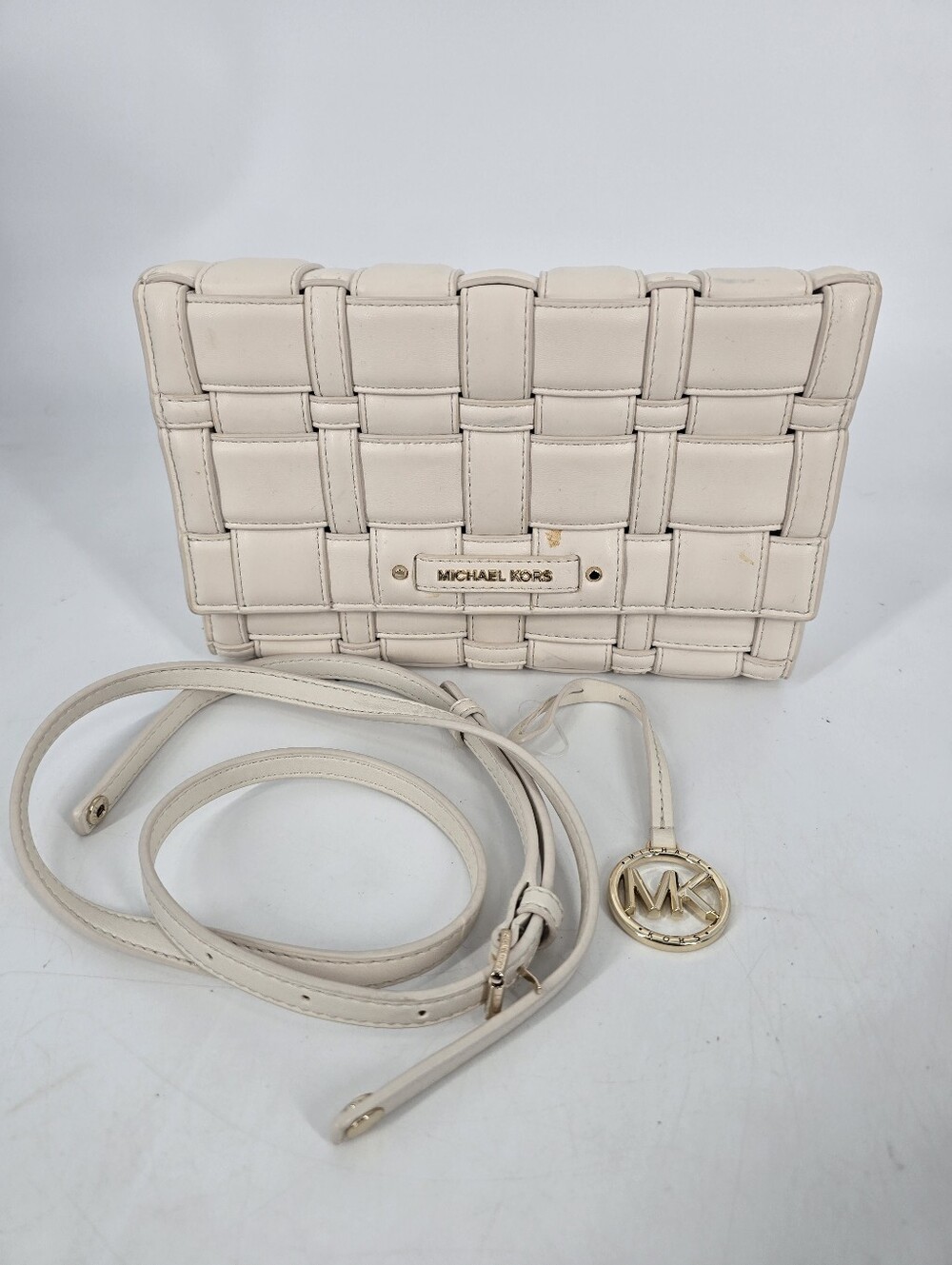 Michael Kors Ivy Woven Clutch Crossbody Flap Bag White Cream